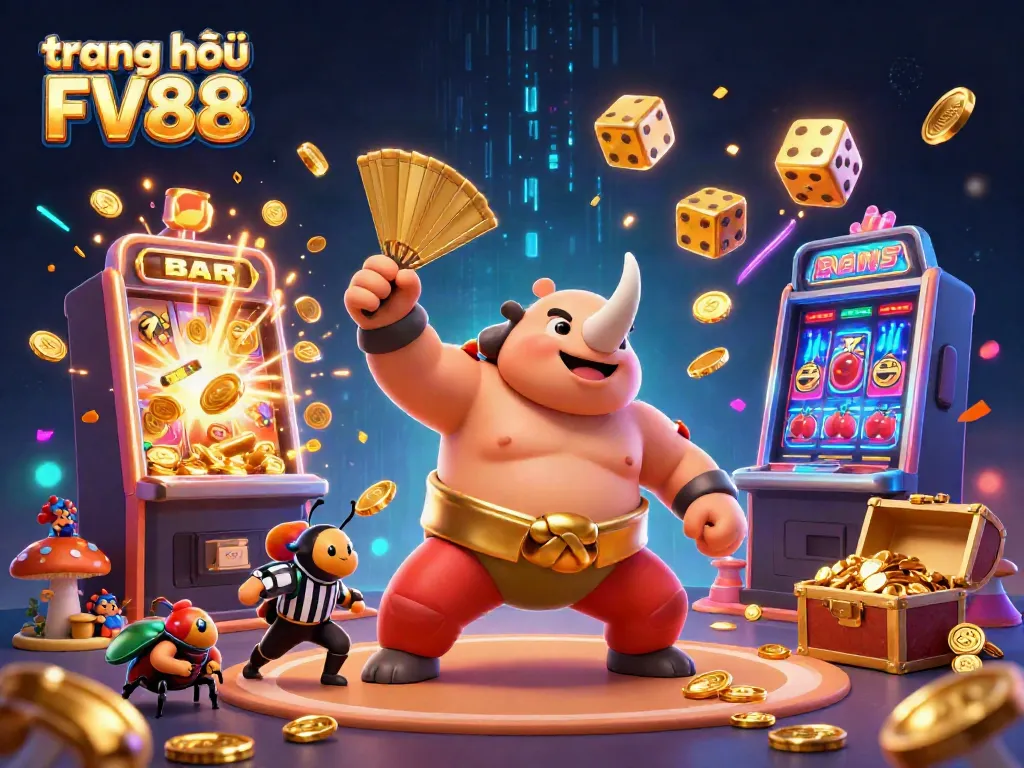 Experience the excitement at trang chủ FV88 with a dynamic scene showcasing a sumo champion beetle amid vibrant casino elements.