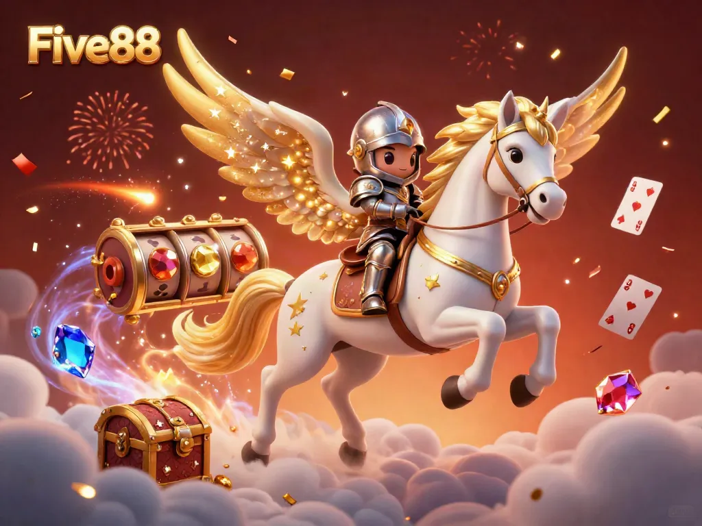 Engage in exciting gameplay at Five88 with a celestial knight riding a magical horse amidst slot reels and vibrant casino treasures.