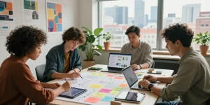 Team collaborating on a mix board in a vibrant creative workspace.