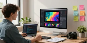 Creative workspace showcasing an AI video generator in action with vibrant graphics and brainstorming notes.