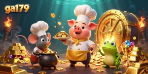 Engage with ga179 and enjoy thrilling cockfighting as our chef pig and crew serve golden coins in a vibrant casino environment.