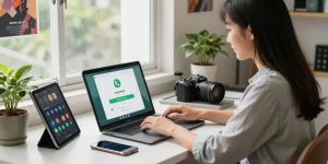 WhatsApp下載 in a modern workspace with a woman downloading the app on her laptop