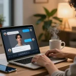 Engaging in a hot chat ai conversation on a sleek laptop with cozy apartment background.