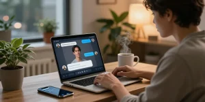 Engaging in a hot chat ai conversation on a sleek laptop with cozy apartment background.