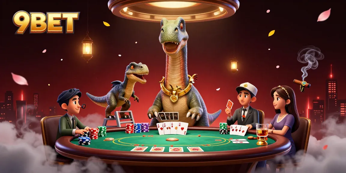 Experience the excitement of 9BET with dynamic, playful casino elements in a vibrant scene.