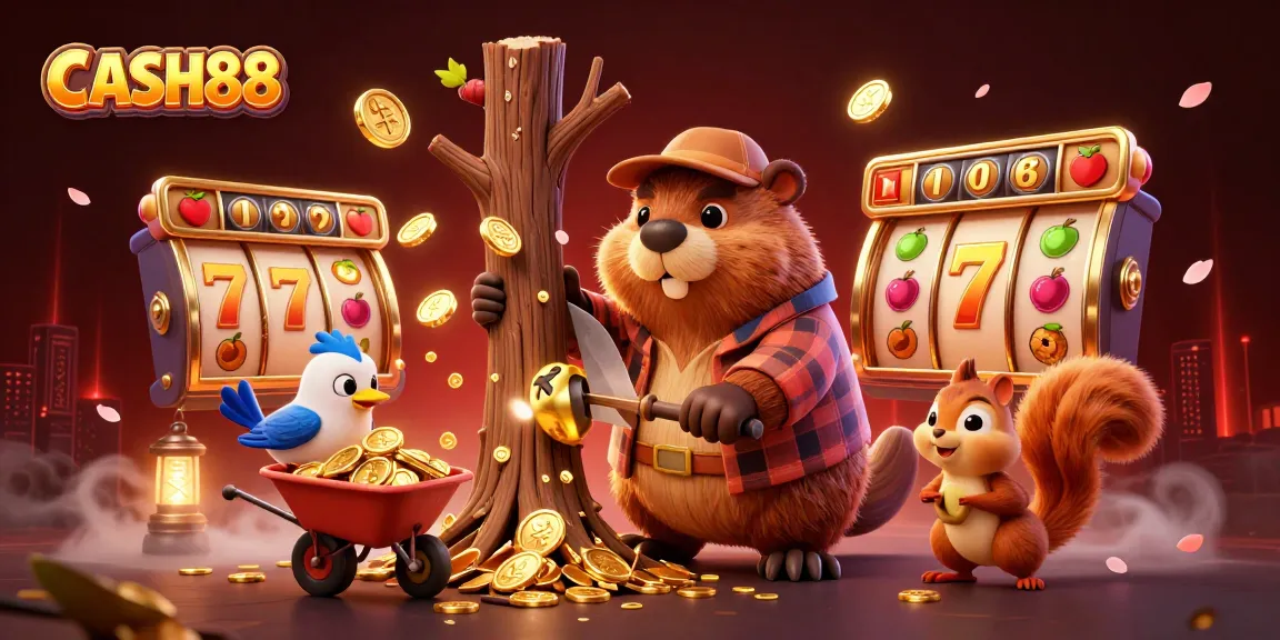 CASH88 brings excitement to online gaming, featuring a lively scene with a cheerful beaver character amidst gold coins and slot elements.