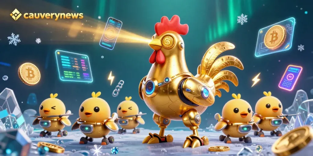 Cauverynews brings exhilarating gaming with a golden rooster robot laser show amidst neon crypto elements.