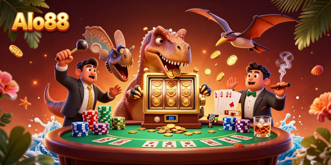 Alo88 brings excitement as a pachycephalosaurus hits a golden slot machine amidst a colorful casino scene