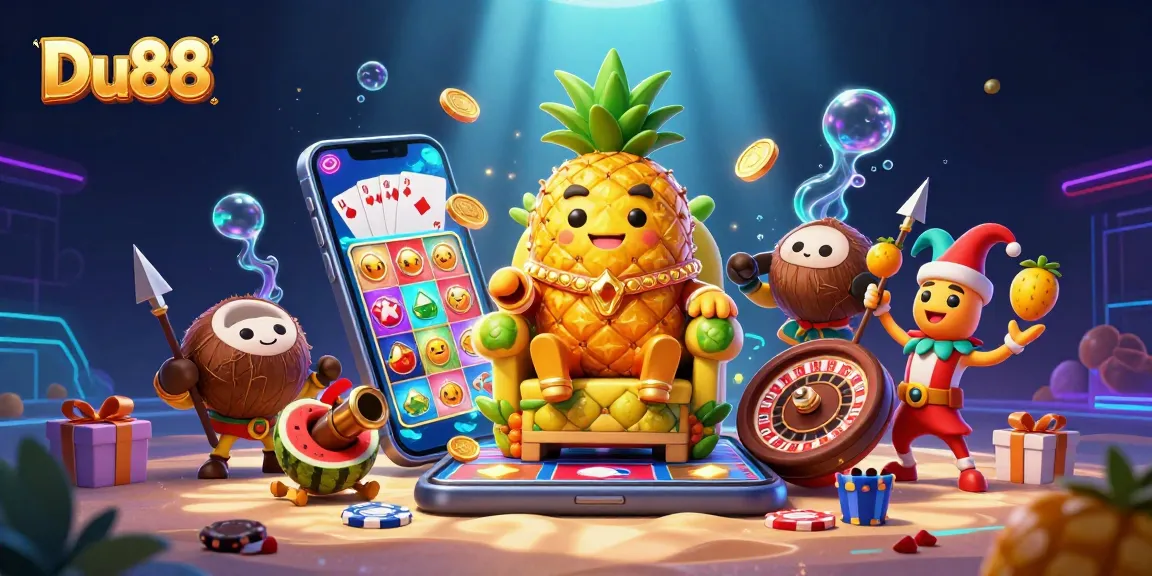 Spin slots and win big with Du88 surrounded by fun 3D casino characters in a vibrant scene.
