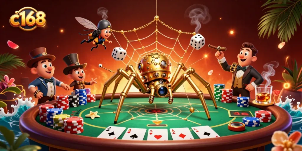 Experience the excitement of c168 with this vibrant 3D digital casino scene filled with poker action.