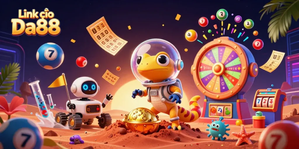 Engage with Link vào Da88 as the Martian gecko explores a vibrant alien casino world.