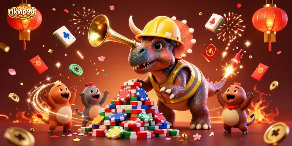 Experience celebration at rikvip98 com with triceratops building poker chips and festive elements.
