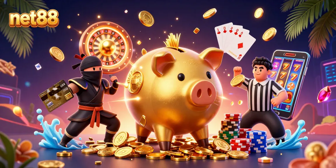 Experience net88 excitement as a piggy bank warrior battles a wallet ninja in a vibrant casino scene.