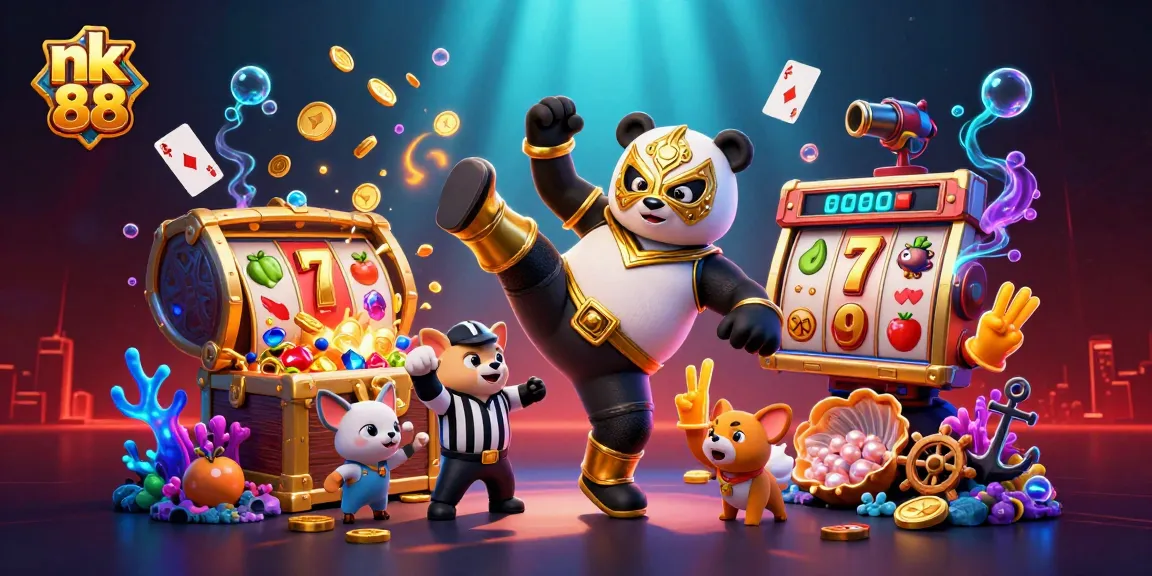 Engage in thrilling slots action with nk 88 showcasing a panda wrestler amidst vibrant casino elements.