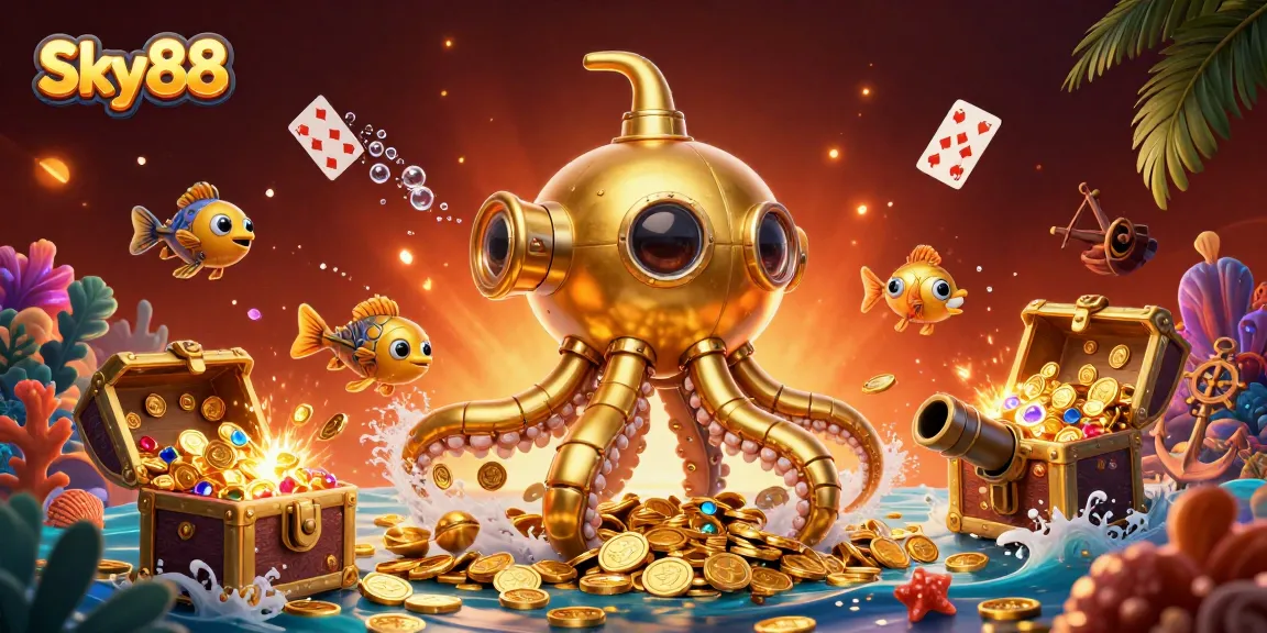 Engage with Sky88's exciting gaming treasure as golden kraken emerges amidst vibrant casino elements.