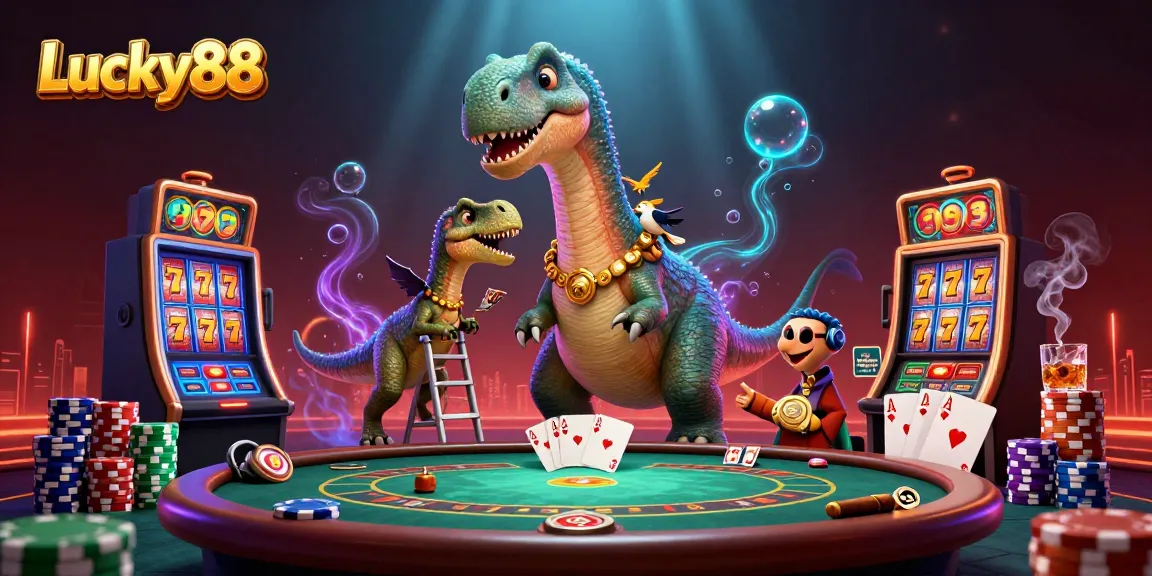 Experience Lucky88 with an animated brontosaurus and raptor in a vibrant casino scene.