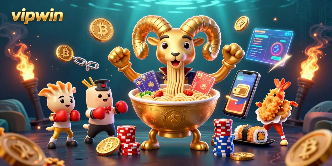 Playing the exciting games at vipwin with golden ramen bowl and vibrant casino elements