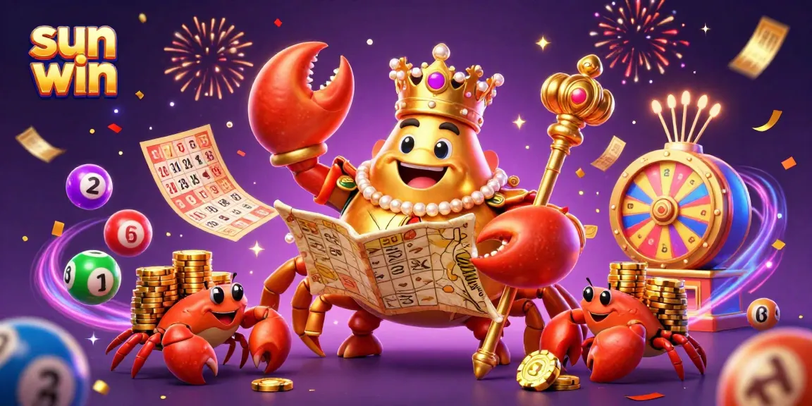 Win big with sun win in a dynamic lottery-themed illustration filled with vibrant colors and action.