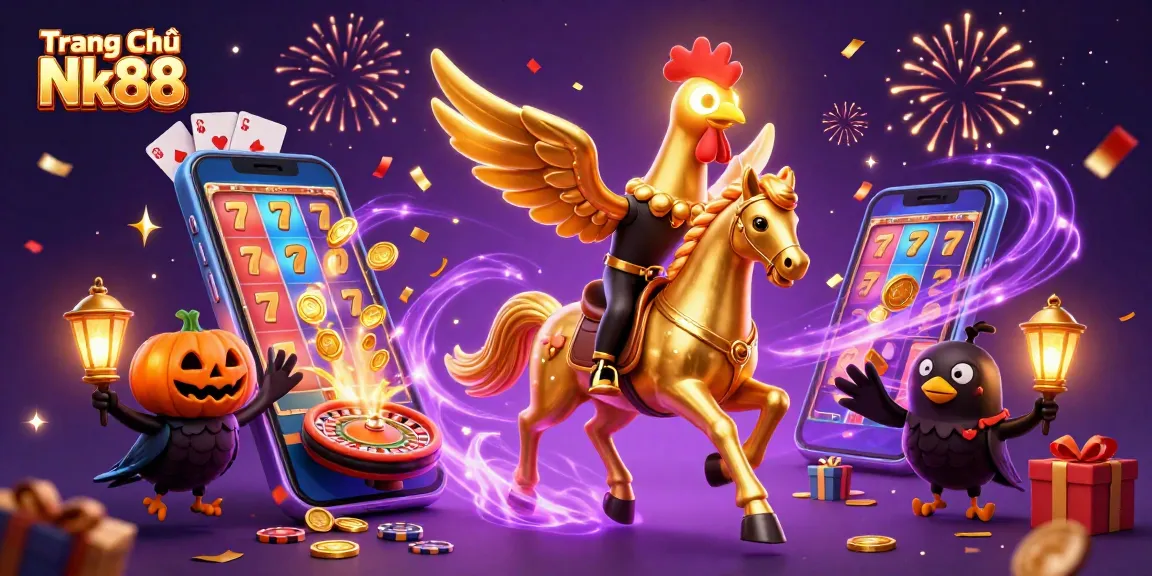 Experience the thrill of Trang Chủ Nk88 with a vibrant scene showcasing a golden rooster in a magical casino adventure.