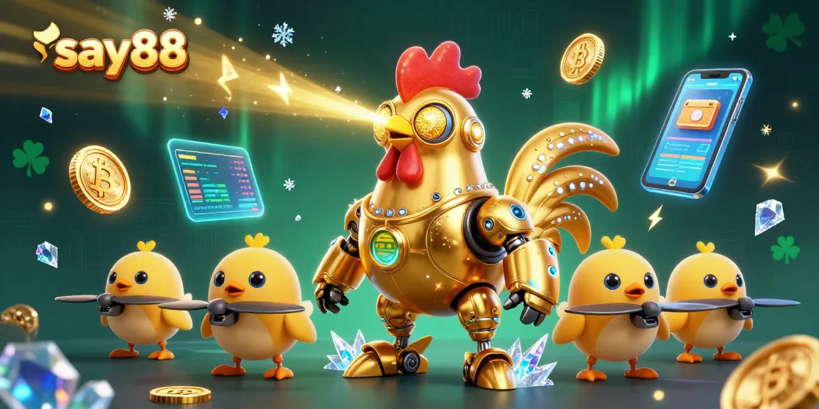 Engage with say88’s interactive gaming universe showcasing neon crypto coins, vibrant laser effects, and futuristic characters.