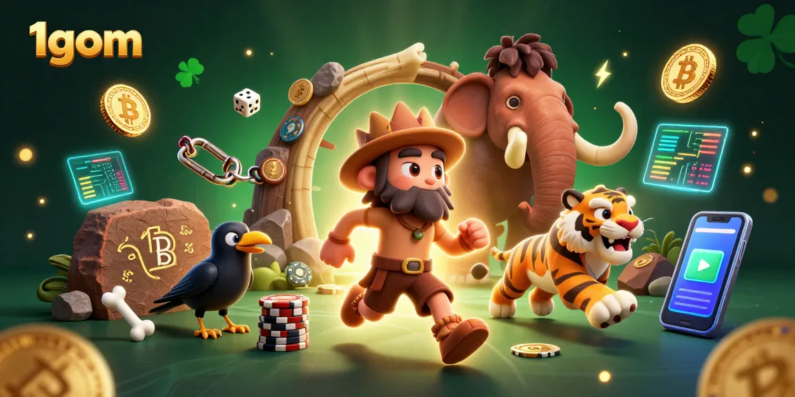 Engage with 1gom's vibrant prehistoric casino scene featuring a caveman and saber-tooth duo.
