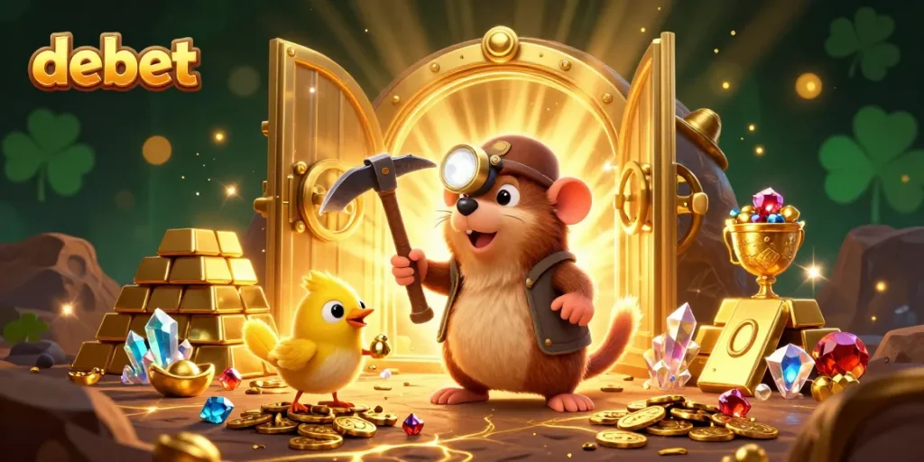 Win big at debet with a treasure hunter exploring caves filled with gold and gems.