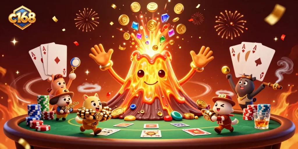 Bettors immerse in treasure-filled chaos at c168's vibrant poker scene with erupting volcano effects.