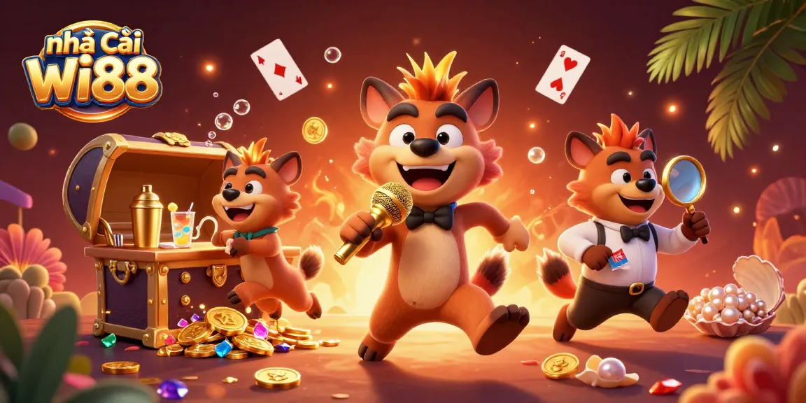 Experience the excitement of nhà cái wi88 with a vibrant 3D casino illustration featuring engaging hyenas.