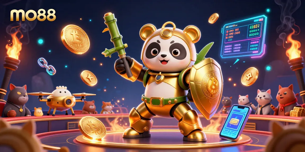 Engage with the exciting mo88 casino arena featuring a mech-suit panda in a dynamic 3D illustration.