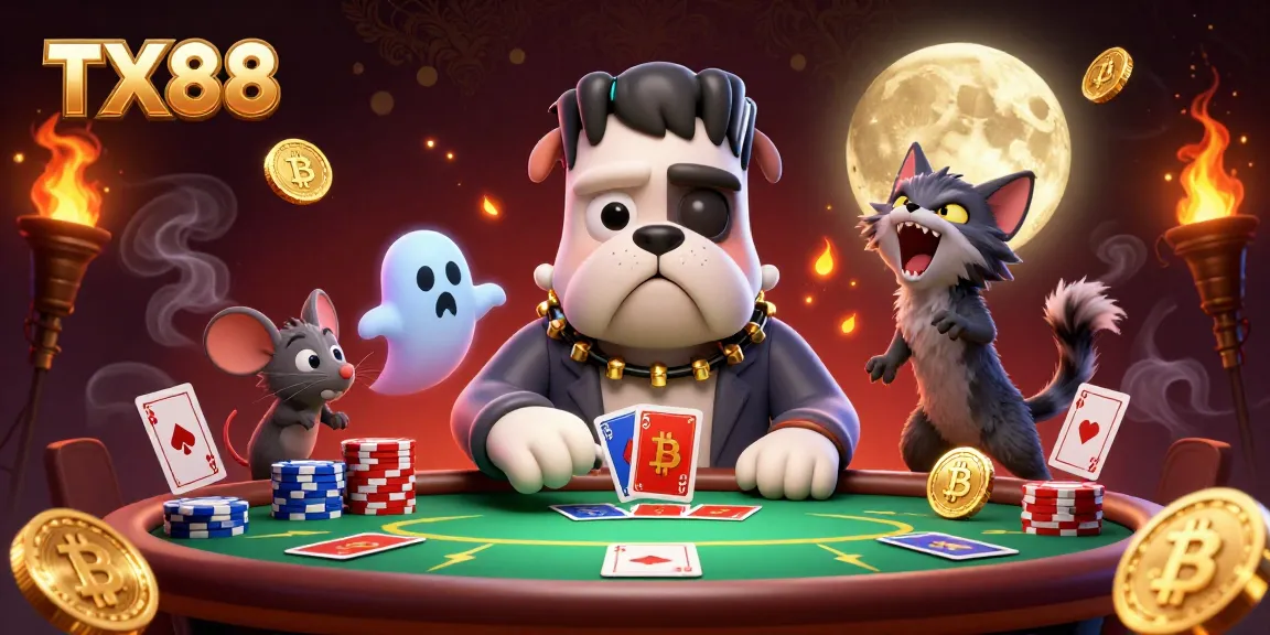 TX88 poker scene with Frankenstein bulldog dealing cards, a ghost mouse, and a werewolf kitten