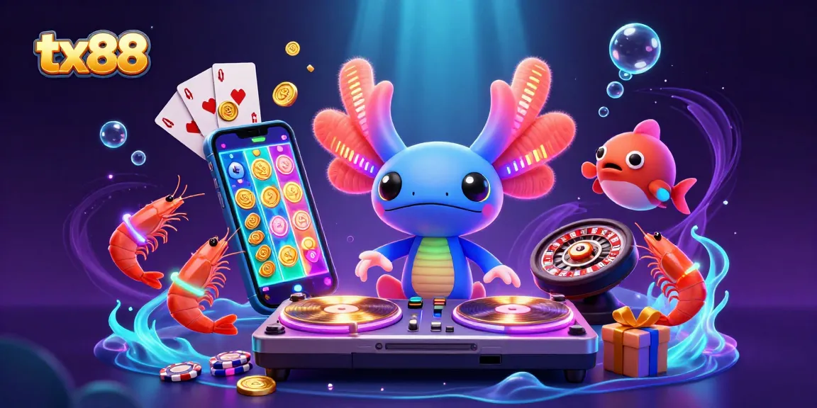 Experience the vibrant tx88 party scene with a DJ axolotl and dancing shrimp at the neon casino.