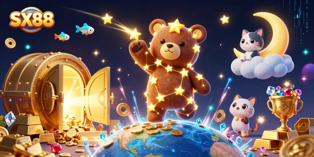 SX88 offers thrilling coin games as a constellation bear scoops treasures from the night sky.