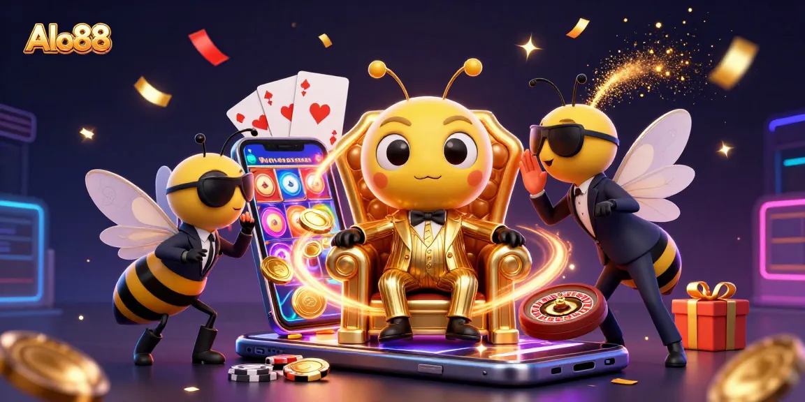 Alo88 players spin colorful slot reels, enjoying vibrant casino action in a dynamic 3D illustration.