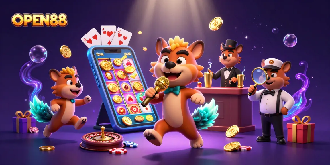 Experience thrilling gameplay at OPEN88 with a vibrant casino scene featuring hyenas, slot games, and lively interaction.