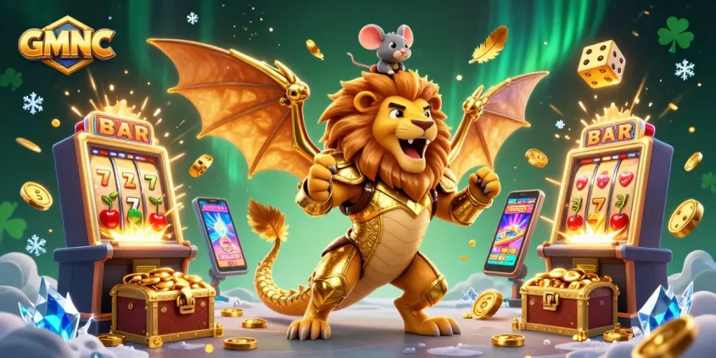 Engage with GMNC's captivating casino scene, showcasing a victorious chimera and thrilling slot action.