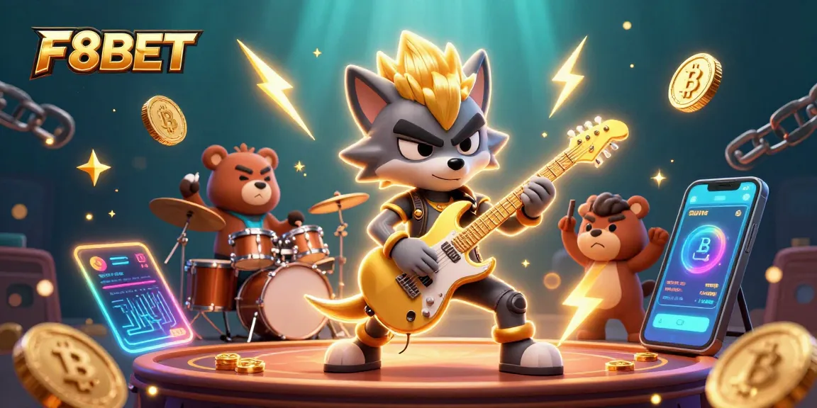 Experience thrilling gameplay at F8BET with a vibrant 3D casino scene featuring cartoon characters and cryptocurrency elements.