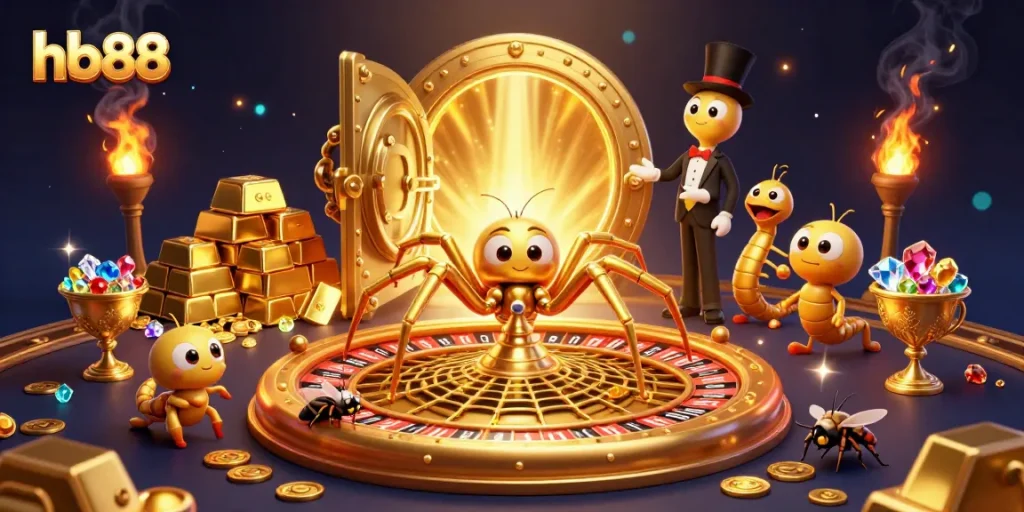 Spin the roulette with hb88's golden web and vibrant gems illuminating the thrills of gambling.