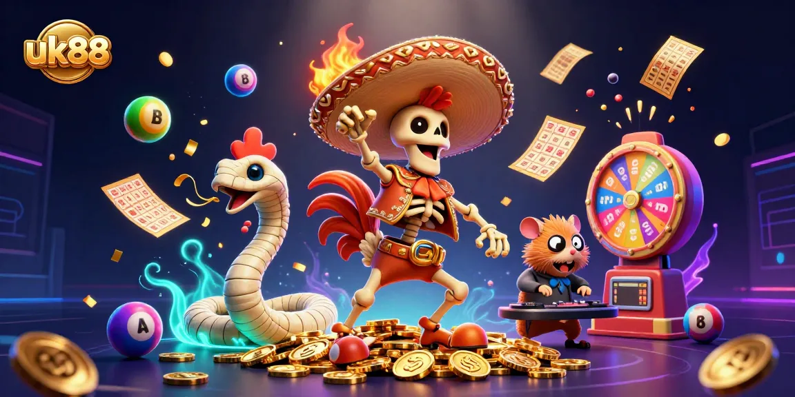 Join the fun with uk88 as a cartoon skeleton mariachi dances on coins surrounded by vibrant casino elements.