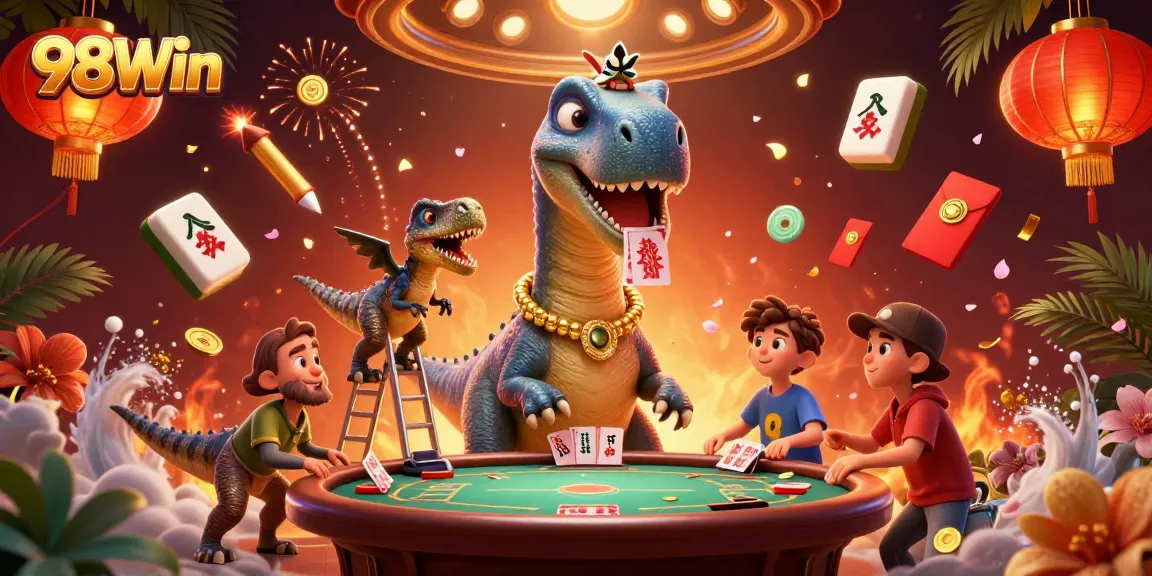Experience the excitement at 98Win with a thrilling 3D casino scene featuring a brontosaurus and raptor dealer.