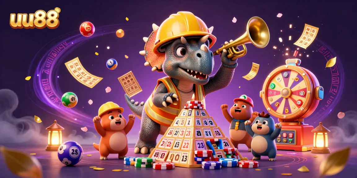 uu88 attracts excitement with a cartoon triceratops building a poker chip pyramid amidst vibrant gaming elements