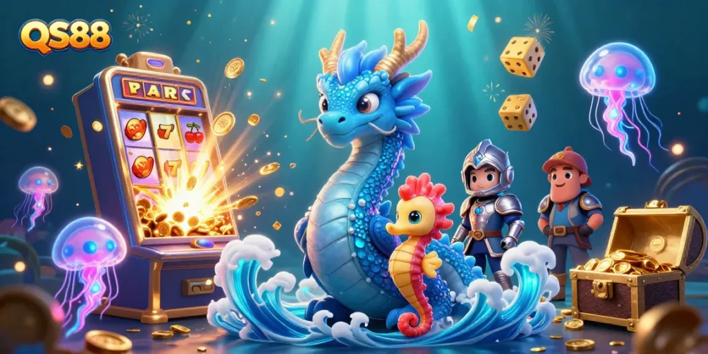Experience thrilling gameplay at QS88 with a captivating underwater casino scene, featuring vibrant slot elements and mythical creatures.