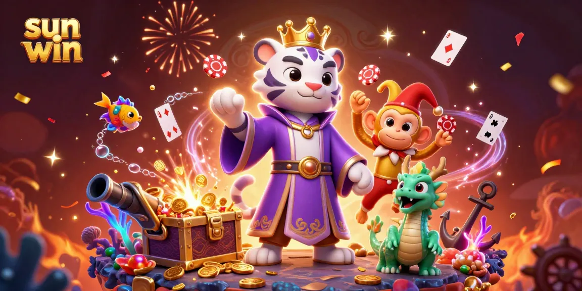 Win big with Sun Win at this vibrant casino scene featuring animated characters and gold coins.