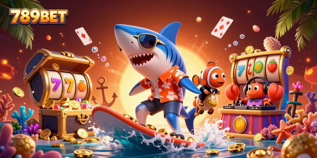 Join the excitement at 789BET as the shark scores big amidst gold coins and gaming fun!