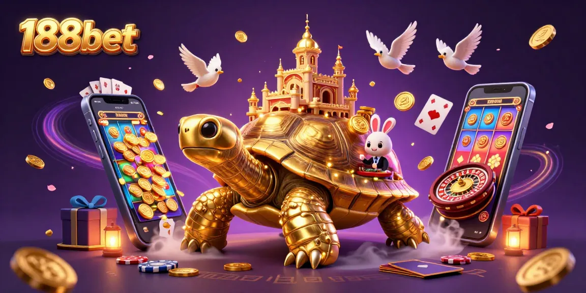 Experience the excitement of 188bet with an enchanting casino scene featuring a golden tortoise and a rabbit dealer.
