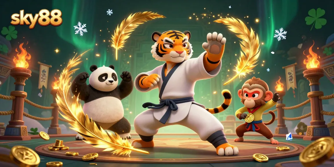 Experience thrilling gaming at sky88 with a kung fu master and students in a vibrant casino arena.