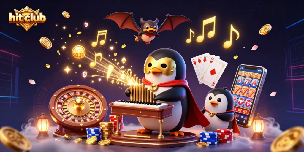 Experience the thrill of hit club casino with golden coins flying around and 3D games displayed.