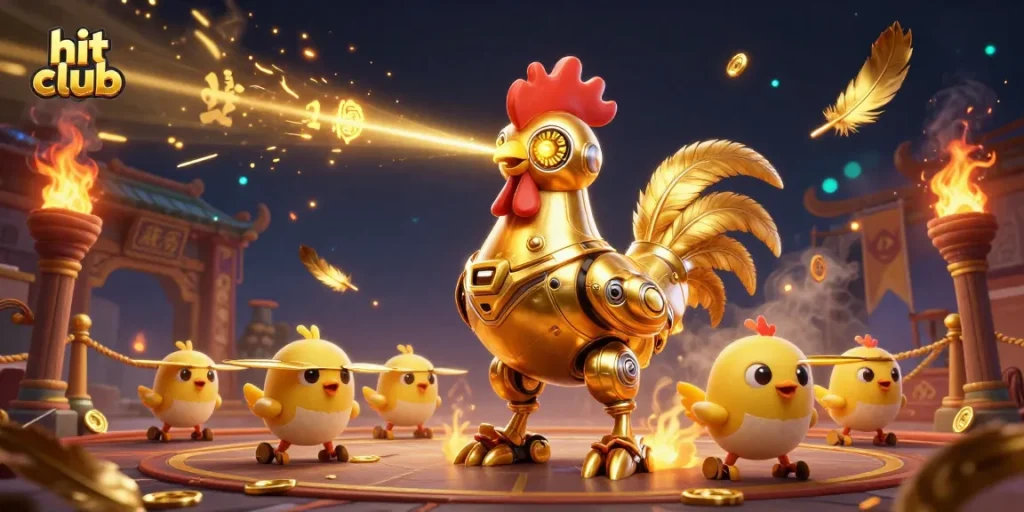 Experience thrilling action with hit club, featuring a golden rooster robot and baby chick drones in an epic casino scene.