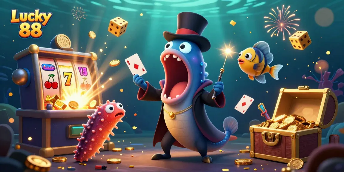 Experience an exciting jackpot adventure with Lucky 88 in this lively underwater casino scene.