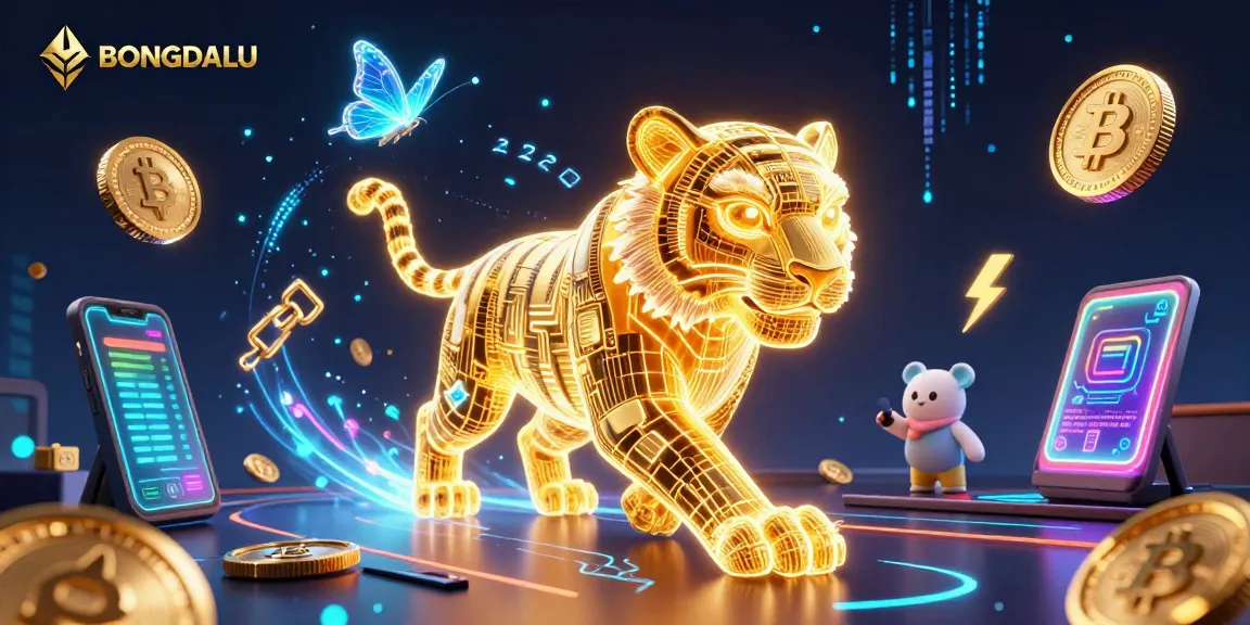 BONGDALU engages viewers with a neon tiger traversing a vibrant digital casino landscape.