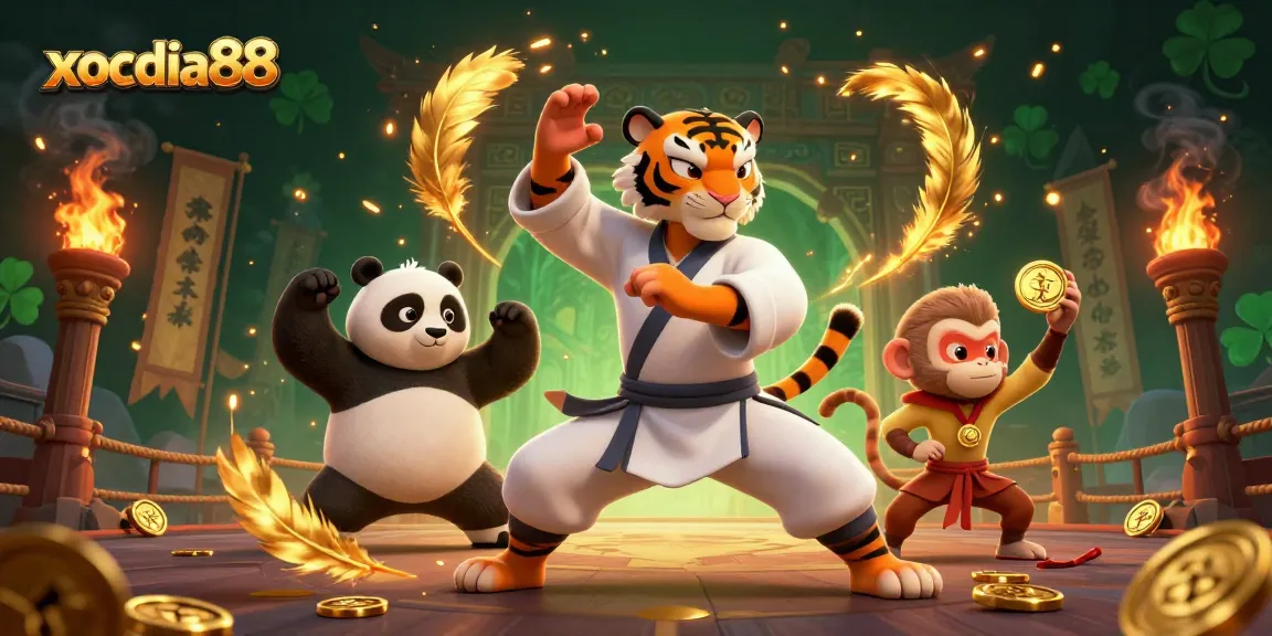 Experience the thrill of xocdia88 with a tiger master and panda disciple in a vibrant 3D casino arena.